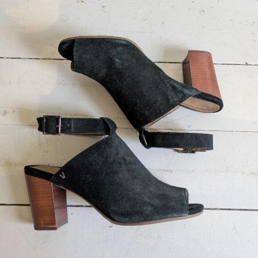 VIONIC| Perk Kaia Black Suede Peep Toe Chunky Stacked Heel Sandal Size 11